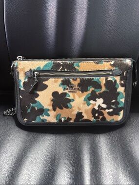 Coach Floral Calfhair Crossbody in Teal, Black and Tan